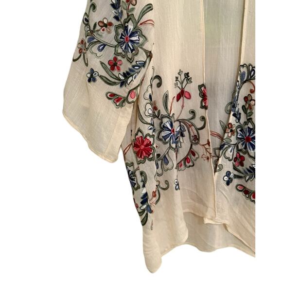Boho Embroidered Kimono Duster OS Open Front Floral Long Sleeve Cardigan Jacket - Picture 3 of 6